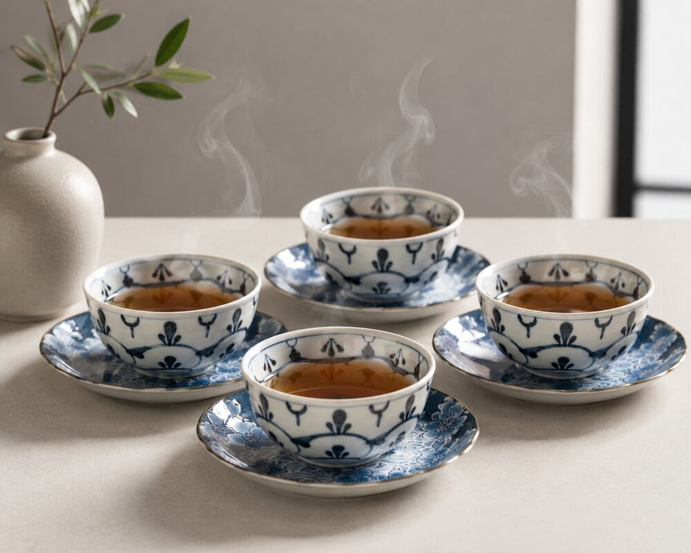 Vintage Japanese Tea Bowl and Saucer Set of 4, Blue Cherry Blossom